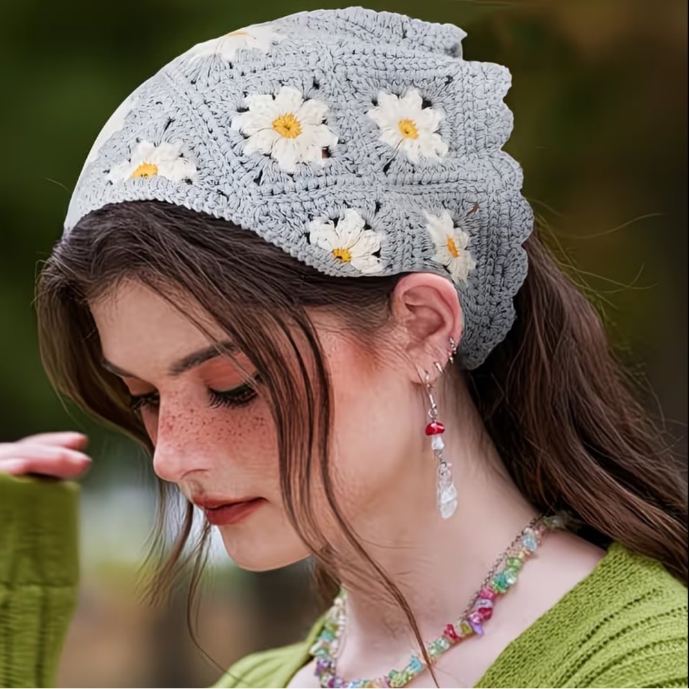 HANDMADE Blue Floral Crochet Headscarf - Picture 2 of 5